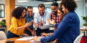 Diverse sales team collaborating in a modern office space.
