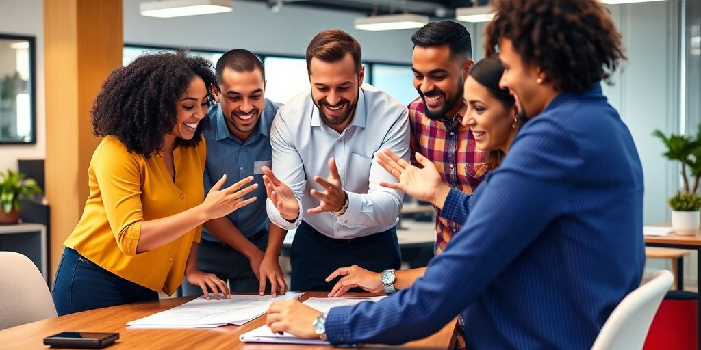 Diverse sales team collaborating in a modern office space.