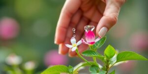 Main en train d'arroser une plante en fleurs.