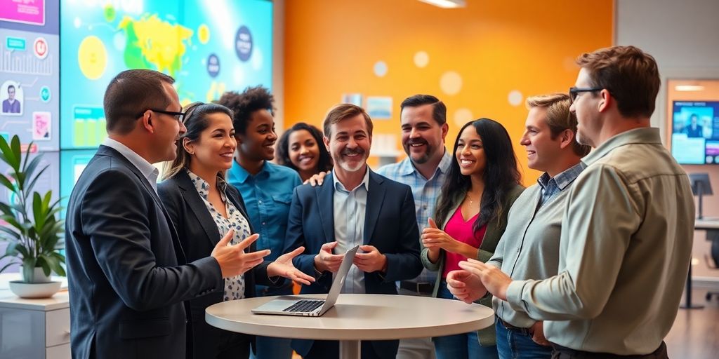 Groupe de professionnels de vente discutant ensemble.