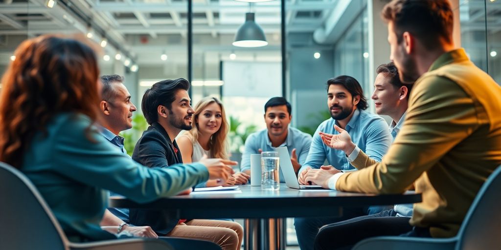 Réunion de vente dynamique avec des professionnels engagés.