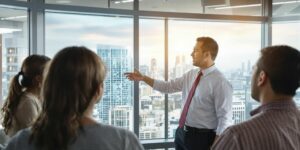 Directeur des ventes en discussion avec son équipe.