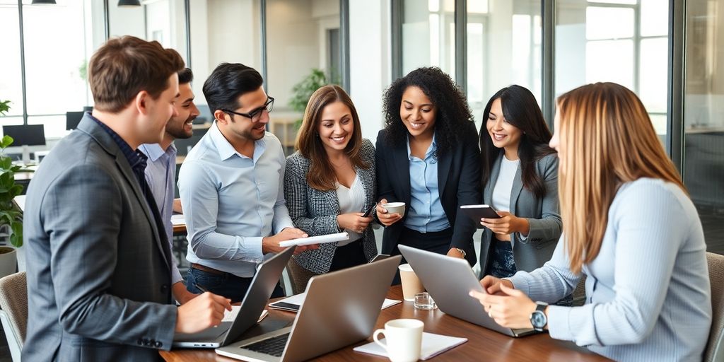 Équipe de vente dynamique en pleine discussion stratégique.
