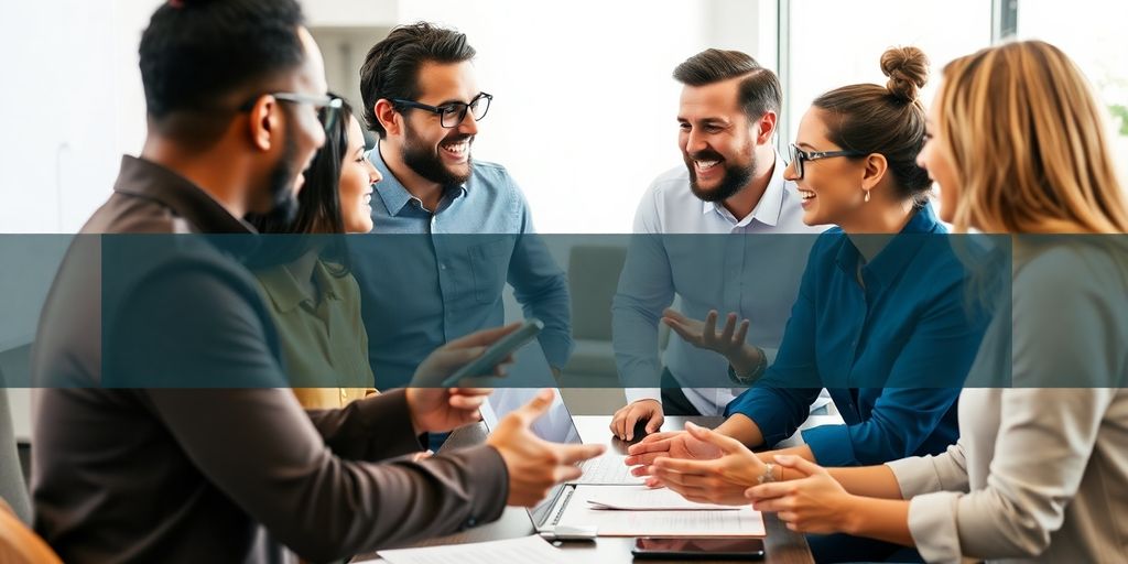 Une équipe commerciale dynamique en pleine discussion.