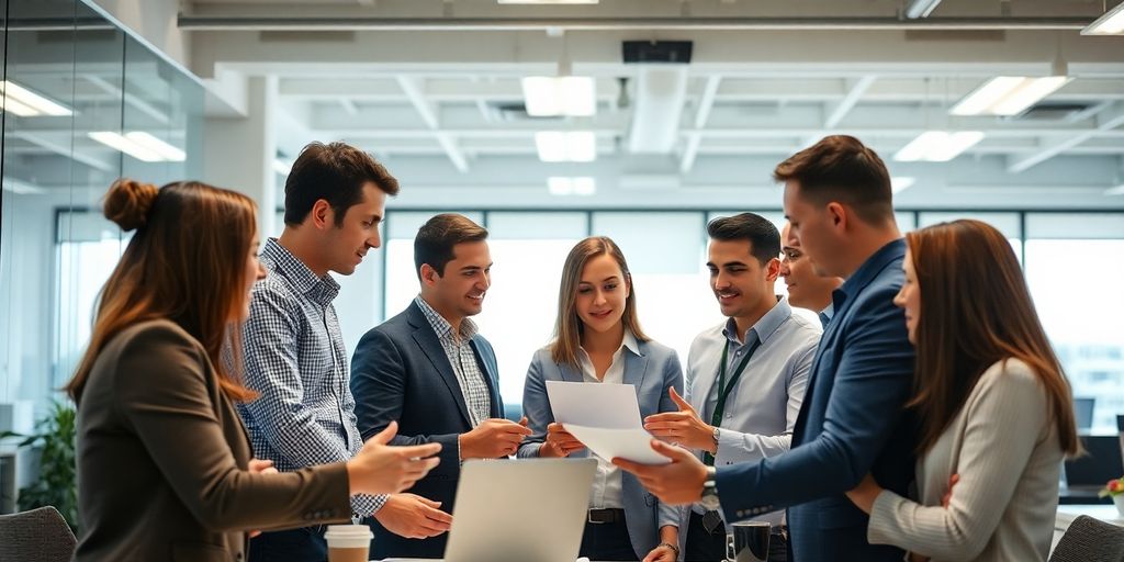 Équipe de vente dynamique travaillant ensemble dans un bureau moderne.