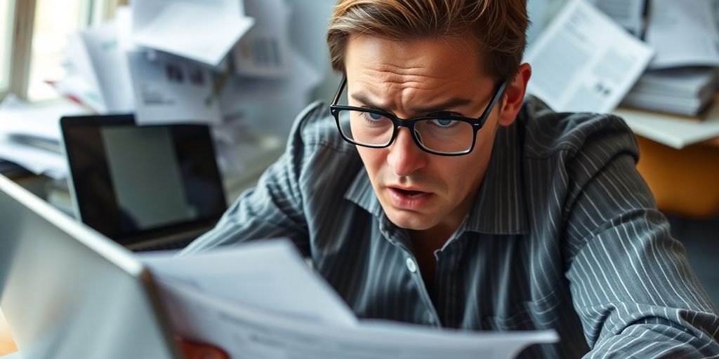 Professionnel frustré entouré de CV désorganisés.