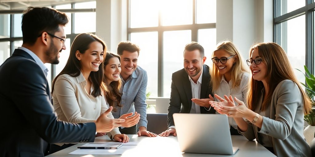 Équipe commerciale souriante travaillant ensemble