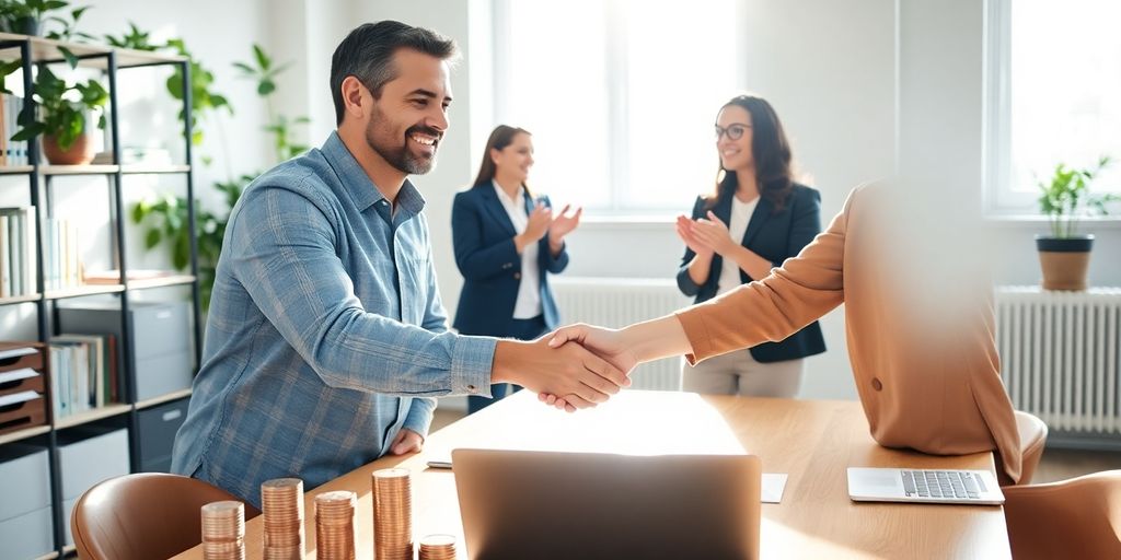 Formateur serrant la main d'un client devant table de pièces