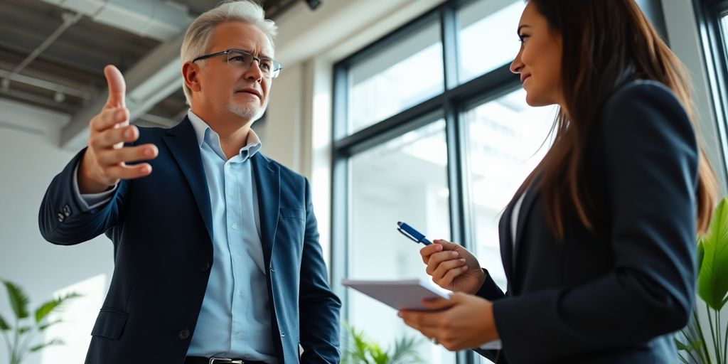 Coach et vendeur discutant, bureau moderne.